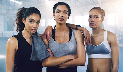Buy stock photo Portrait of three young sportswomen standing and posing in the gym