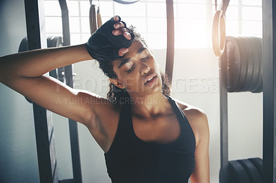 Buy stock photo Fitness, tired and woman in gym with sweat for intense training, exercise and bodybuilder workout. Sports, athlete and person breathe, rest and relax for wellness, muscle and health in morning