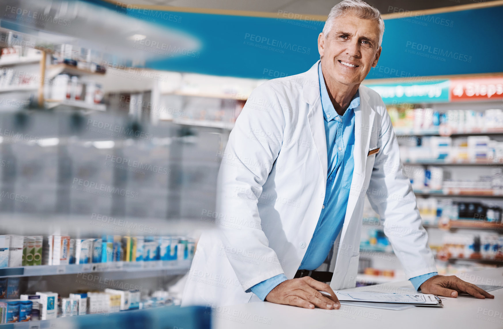 Buy stock photo Happy man, retail or portrait of pharmacist with prescription, drugs or healthcare in pharmacy clinic. Writing medical note, mature and chemist with history by counter of medication store dispensary