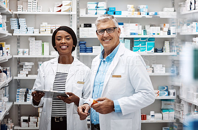 Buy stock photo Healthcare, portrait and people with clipboard in pharmacy for dispensary, inventory and inspection. Medical, intern and pharmaceutical student with mentor by pills for supply, management or training