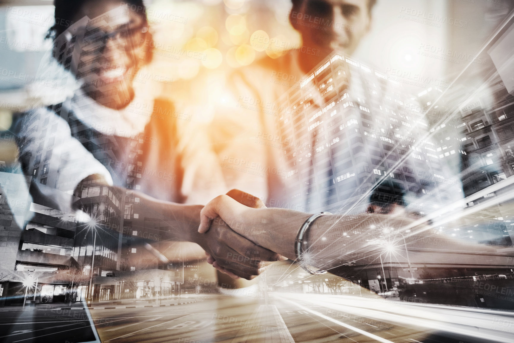 Buy stock photo Handshake, partnership and business people with city double exposure for b2b agreement deal. Smile, welcome and financial advisors shaking hands with client for greeting, thank you or investment.