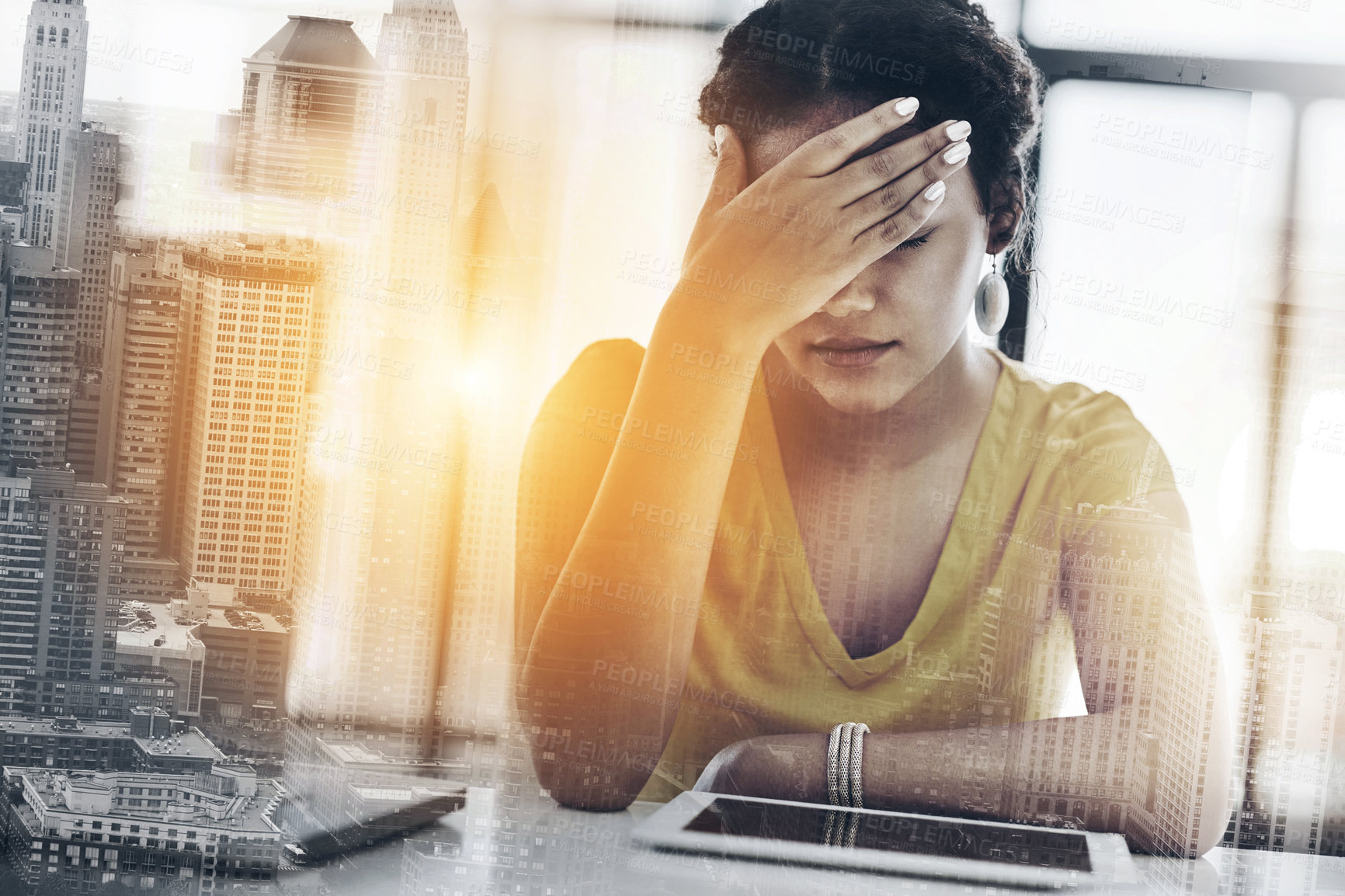 Buy stock photo Stress, tablet and business woman at desk for fatigue, overtime or project deadline in office. City overlay, technology and employee for exhausted, burnout or 404 error at architecture agency