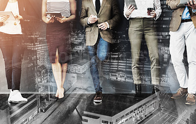 Buy stock photo Double exposure, technology and team standing in office for contact, research and social media in city. Legs, business people and together on internet for networking, communication and collaboration