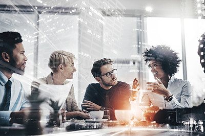 Buy stock photo Shot of a group of businesspeople sitting together in a meeting