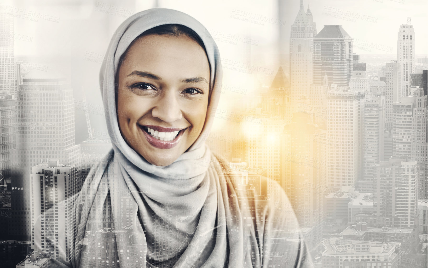 Buy stock photo Portrait of a cheerful young businesswoman standing inside the office with her arms folded at work during the day