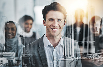 Buy stock photo Portrait of confident young business people standing with their arms folded inside of the office at work during the day