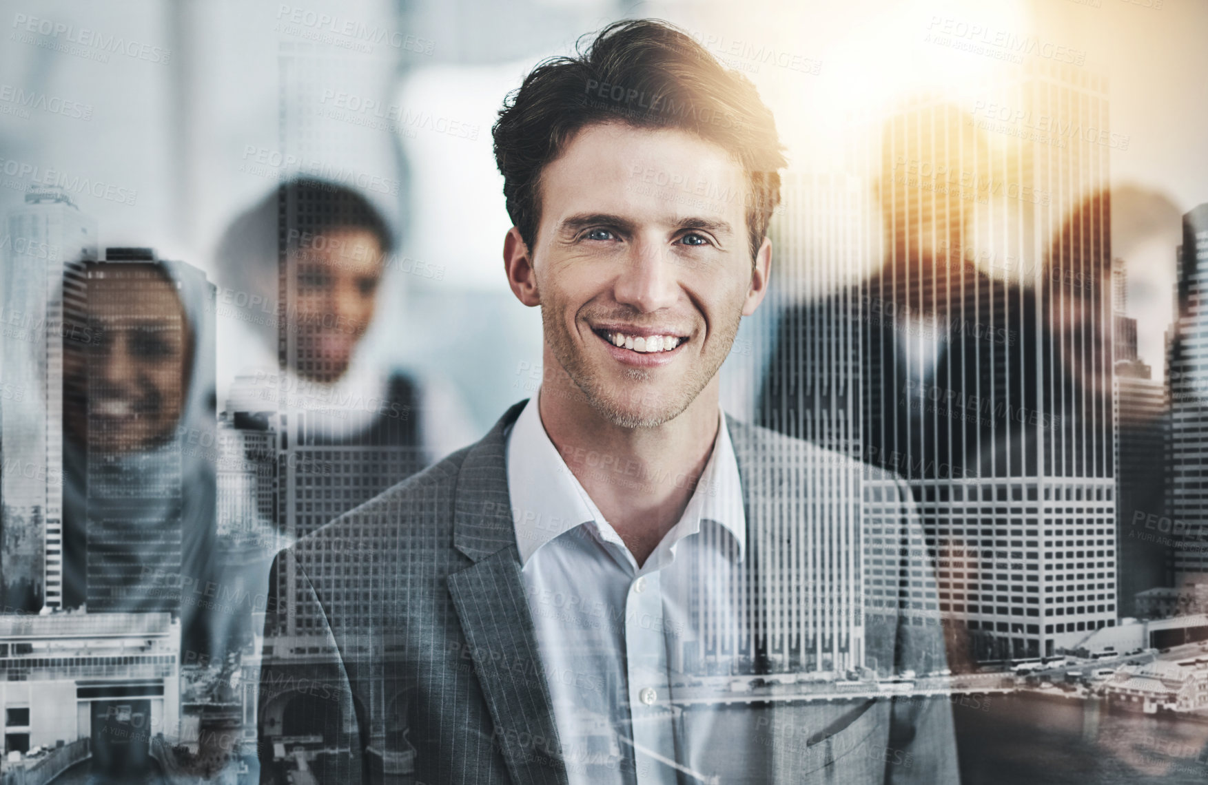 Buy stock photo Portrait of confident young business people standing with their arms folded inside of the office at work during the day