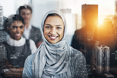 Buy stock photo Portrait of confident young business people standing with their arms folded inside of the office at work during the day