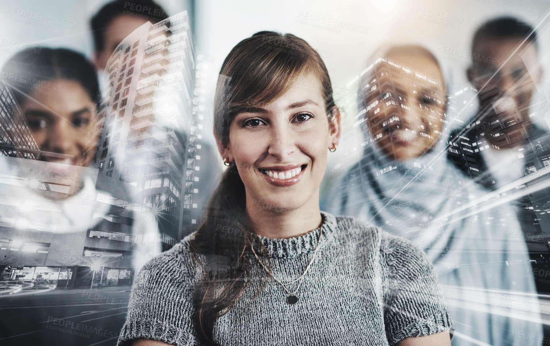 Buy stock photo Portrait of confident young business people standing with their arms folded inside of the office at work during the day