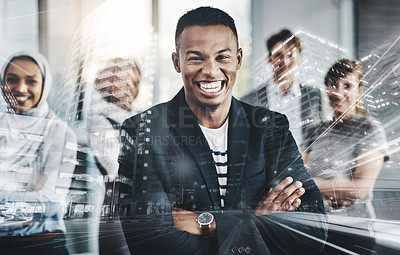 Buy stock photo Portrait of confident young business people standing with their arms folded inside of the office at work during the day