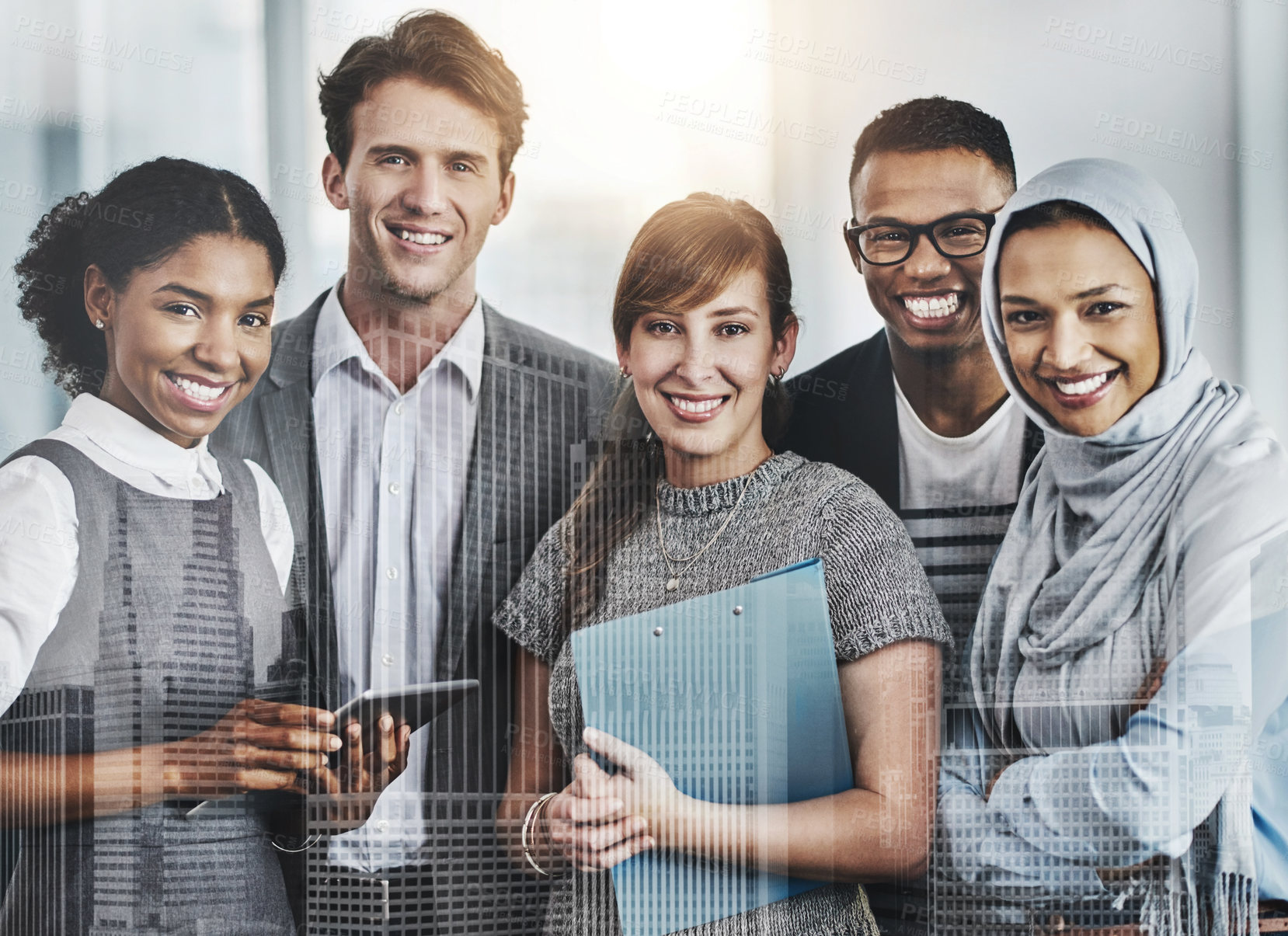 Buy stock photo Portrait of confident young business people standing inside of the office at work during the day