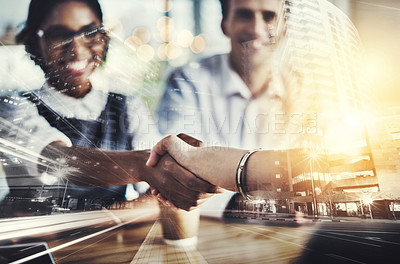 Buy stock photo Handshake, greeting and business people with city double exposure for infrastructure agreement. Partnership, meeting and financial advisors shaking hands with client for investment in new development