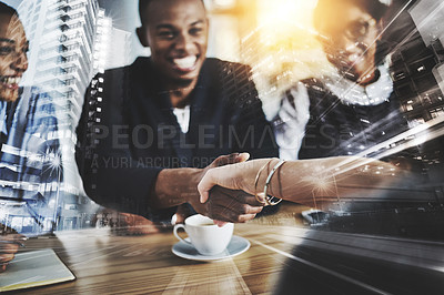 Buy stock photo Handshake, deal and business people with city overlay for b2b agreement with partnership. Smile, welcome and financial advisors shaking hands with client for greeting, thank you or investment.