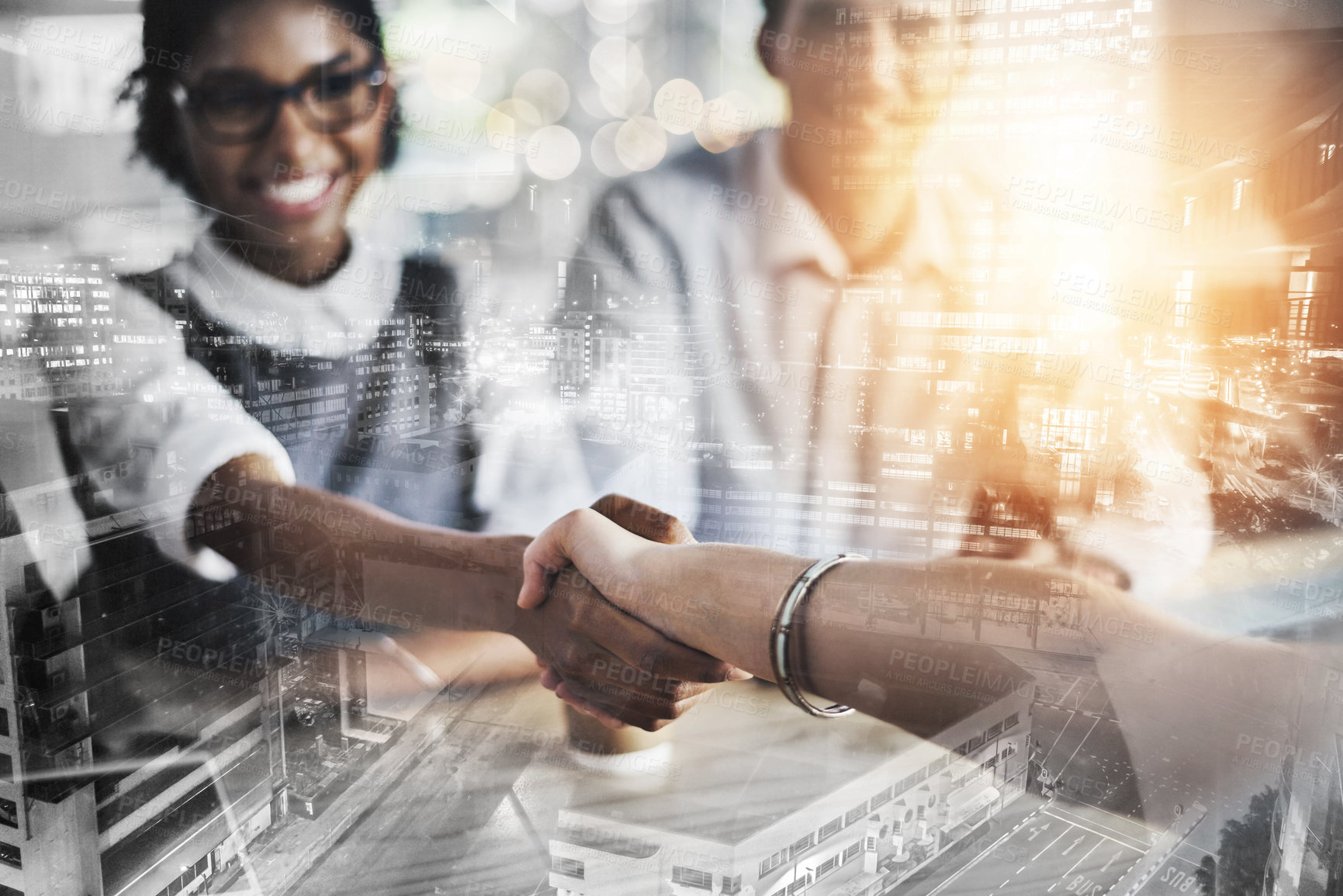 Buy stock photo Shaking hands, smile and business people with city overlay for b2b agreement with partnership. Deal, welcome and financial advisors with handshake for client with greeting, thank you or investment.