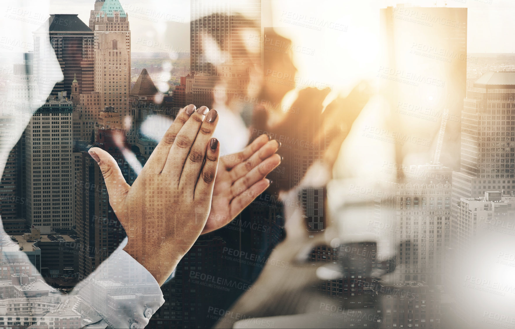 Buy stock photo Cropped shot of a group of young businesspeople applauding while sitting in the conference room during a seminar