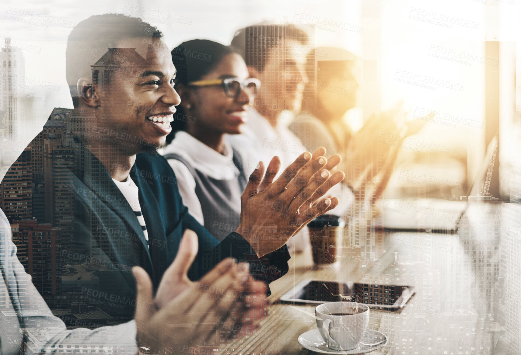 Buy stock photo City overlay, clap or people in office with tech, good news and feedback on successful report. Applause, double exposure and employees with meeting, celebration and target reach for company growth.