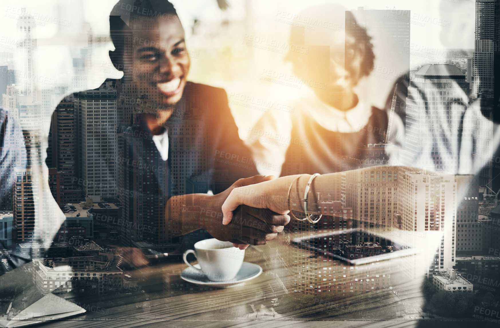 Buy stock photo Handshake, meeting and business people with city double exposure for b2b agreement with partnership. Deal, welcome and advisors shaking hands with client for greeting, thank you or investment.