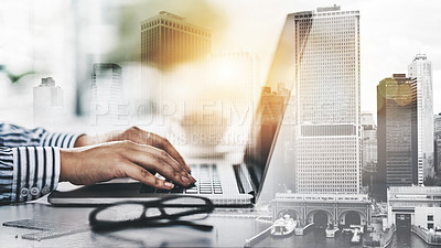 Buy stock photo Closeup shot of an unrecognizable businesswoman working on a laptop in an office