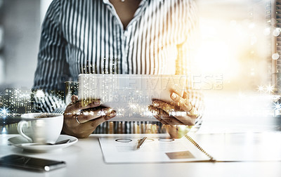 Buy stock photo Closeup shot of an unrecognizable businesswoman working on a digital tablet in an office