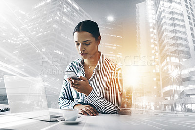 Buy stock photo Shot of a young businesswoman using a cellphone in an office