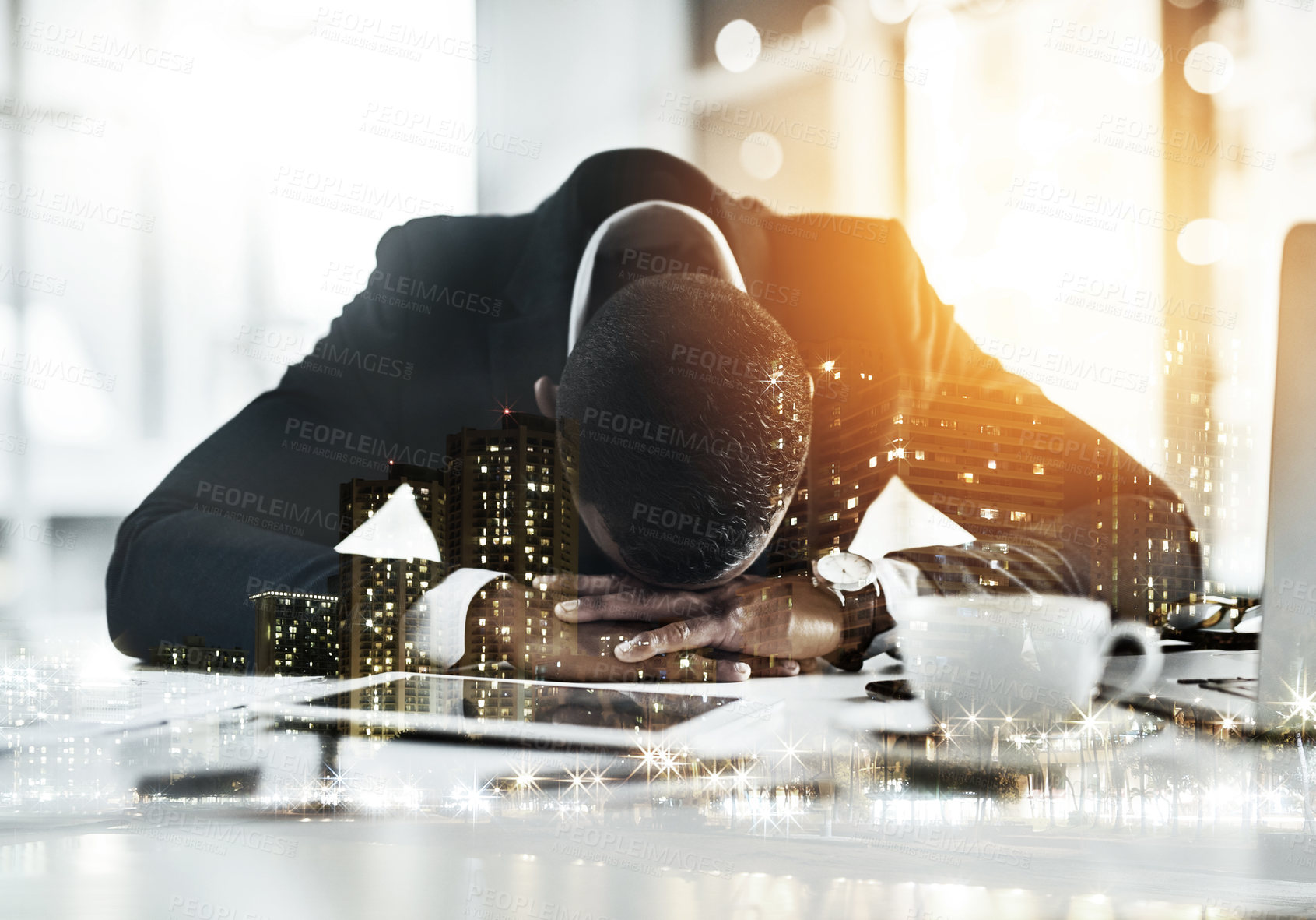 Buy stock photo Nap, double exposure or man in office with tech, tired or overwhelmed in task mistake. Fatigue, city overlay or employee in agency with sleeping, burnout or frustrated with deadline issue.