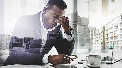 Buy stock photo Stress, laptop and business man at desk for fatigue, headache or project deadline in office. City overlay, technology and exhausted employee for crisis, burnout or 404 error at architecture agency