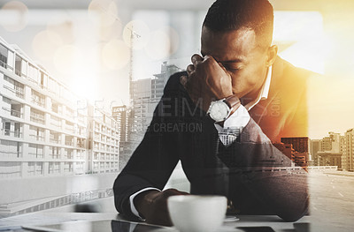 Buy stock photo Headache, pain and business man at desk for fatigue, stress or project deadline in office. City overlay, lens flare and employee for crisis, burnout or productivity problem at architecture agency