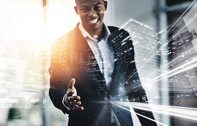 Buy stock photo Cropped portrait of a handsome young businessman offering his hand while standing in his modern office