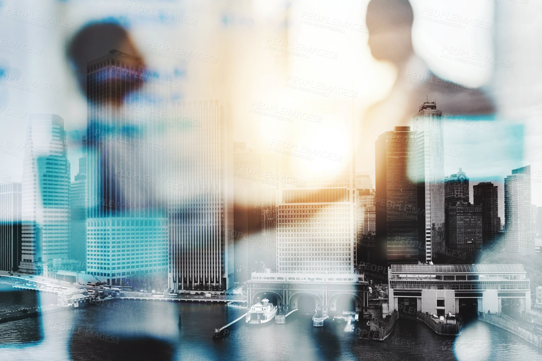 Buy stock photo Handshake, collaboration or businesspeople with city overlay, greeting or meeting for b2b deal. Networking, double exposure or employees with introduction, agreement or opportunity for partnership.