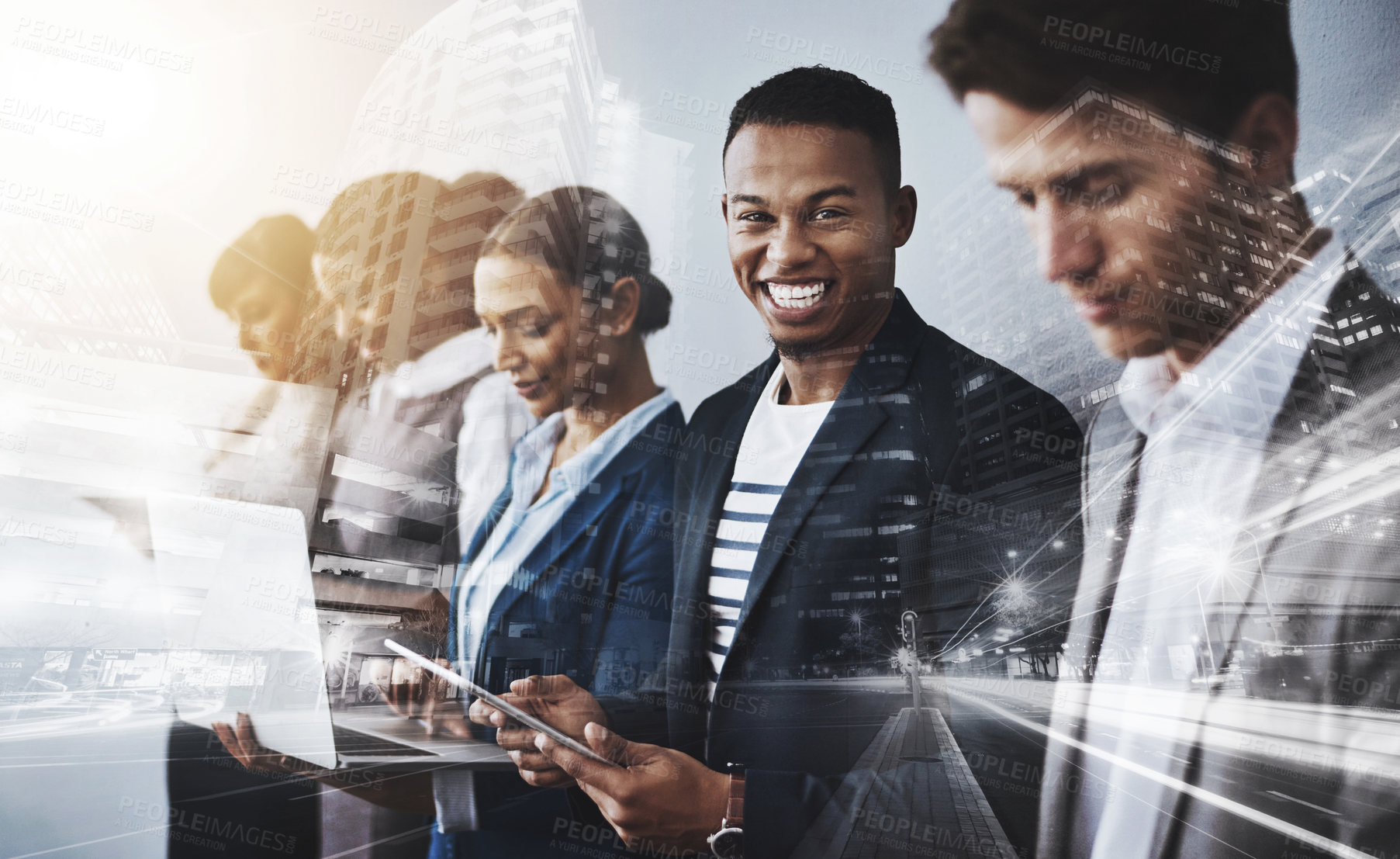 Buy stock photo Cropped shot of a group of young businesspeople waiting in line for their interviews