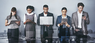 Buy stock photo Cropped shot of a group of young businesspeople waiting in line for their interviews