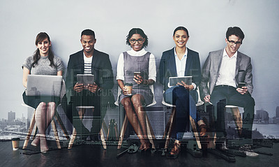 Buy stock photo Full length portrait of a group of young businesspeople waiting in line for their interviews