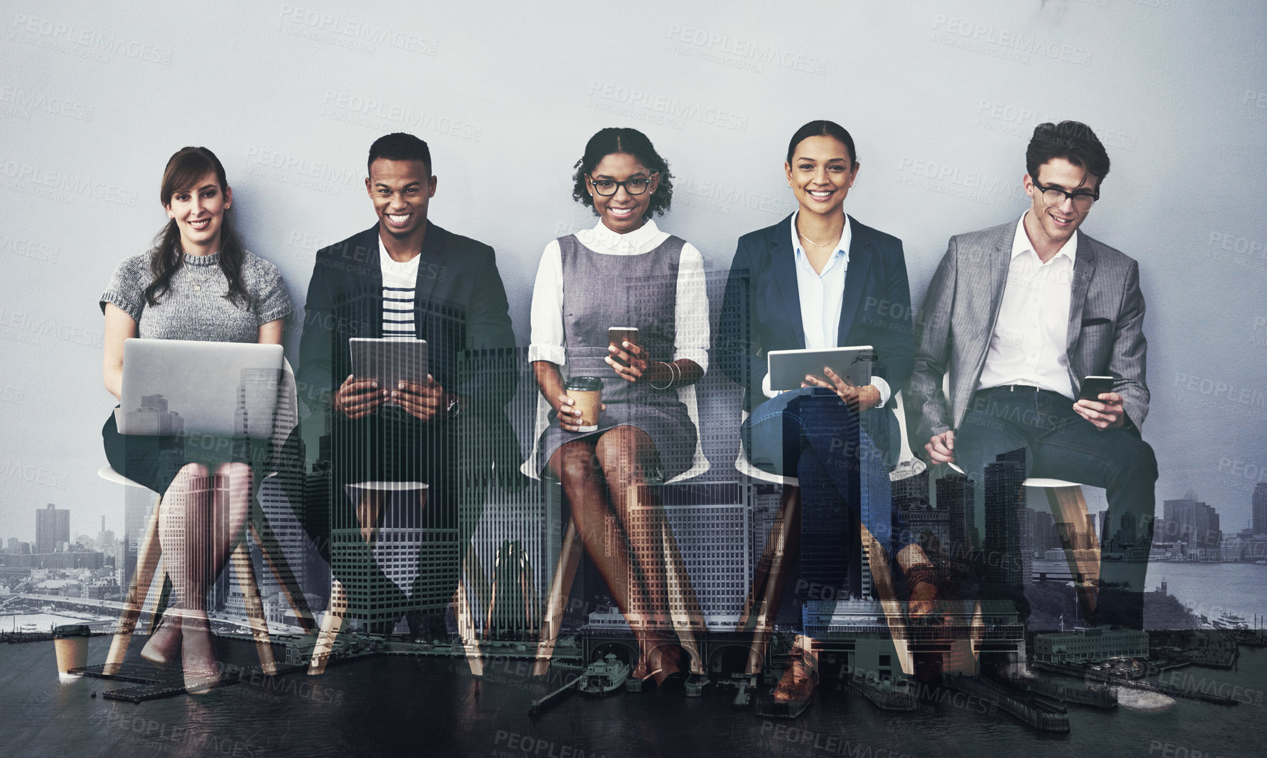 Buy stock photo Full length portrait of a group of young businesspeople waiting in line for their interviews