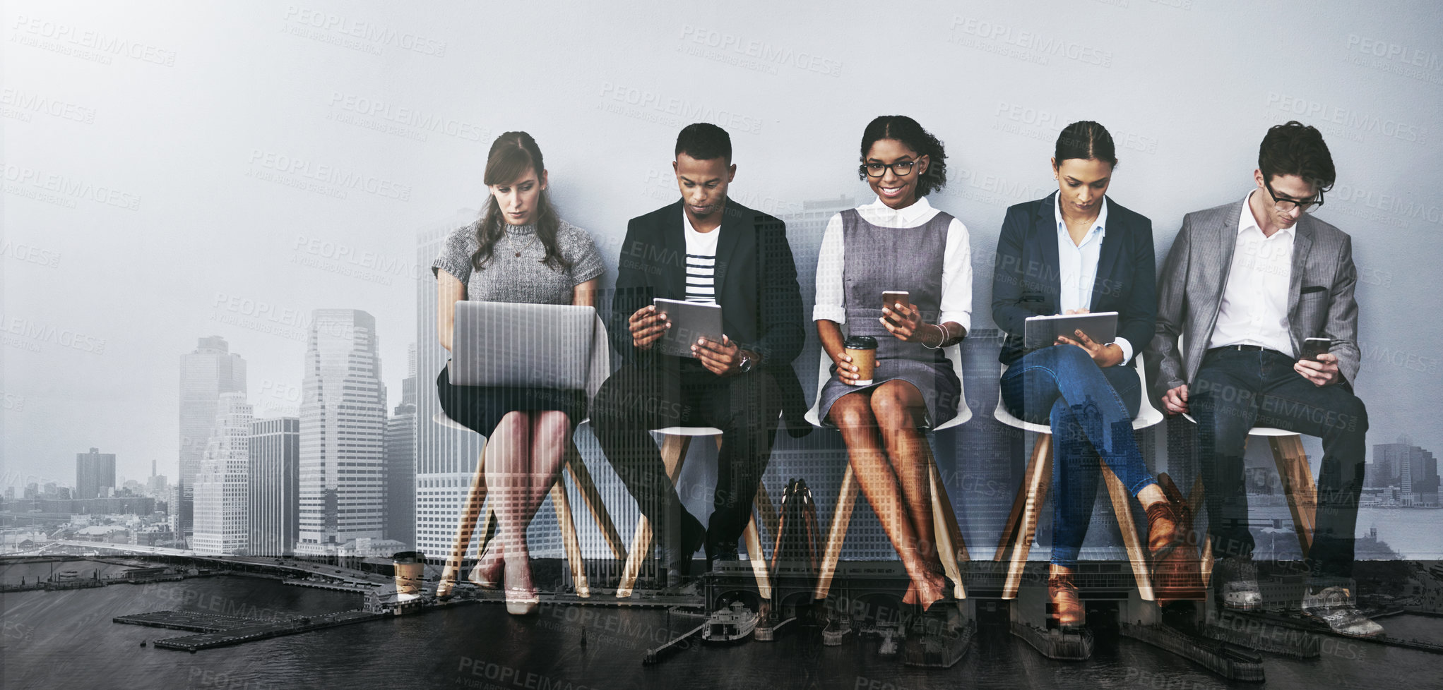 Buy stock photo Full length shot of a group of young businesspeople waiting in line for their interviews