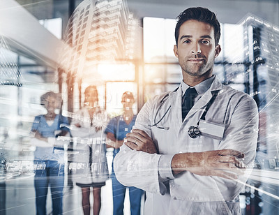 Buy stock photo Portrait of a confident young doctor working in a hospital with his colleagues in the background