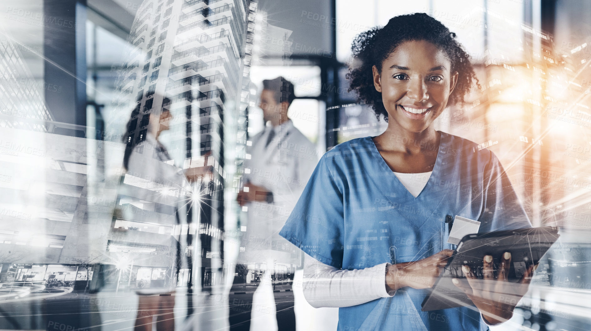 Buy stock photo Portrait, nurse and tablet in hospital with double exposure, medical research and pride for development. Happy, healthcare worker and woman in clinic with tech, telehealth website and city hologram.
