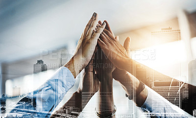 Buy stock photo Closeup shot of a group of businesspeople high fiving each other in an office