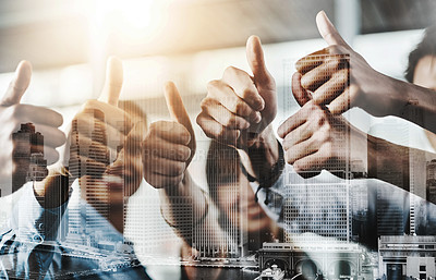 Buy stock photo Closeup shot of a group of businesspeople showing thumbs up in an office