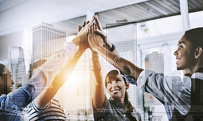 Buy stock photo Closeup shot of a group of businesspeople high fiving each other in an office