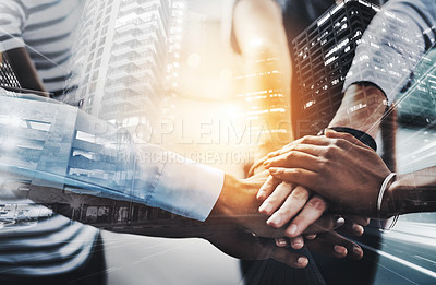 Buy stock photo Double exposure, office and people with pile of hands in meeting for teamwork, collaboration and brainstorming. Business, employees and commitment for partnership, team building or support on project