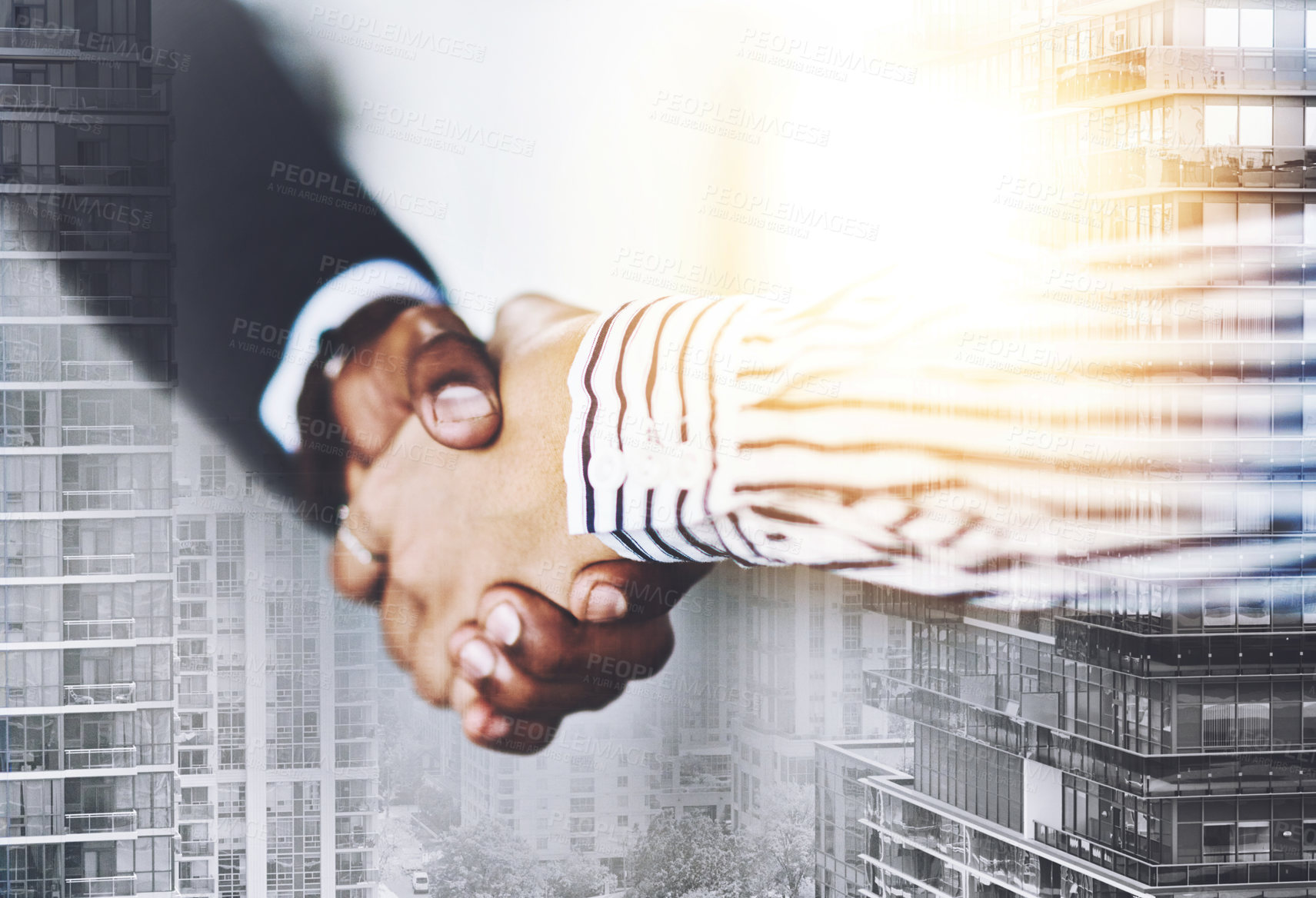 Buy stock photo Double exposure, city and employees with handshake for partnership, teamwork and collaboration. Business, people and investment for property or urban development, infrastructure and real estate