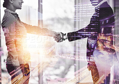 Buy stock photo City, hand shake and business people for meeting, interview and agreement to contract with urban skyscraper. Thank you, greeting and double exposure, recruitment and hr for hiring of job or deal