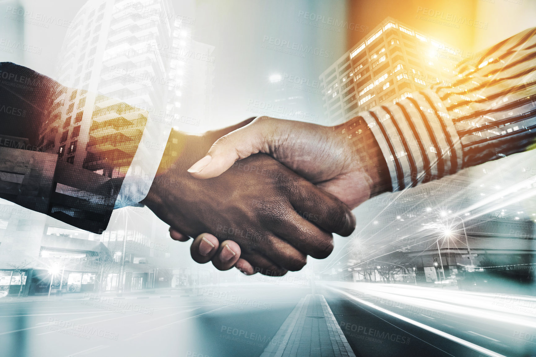 Buy stock photo Double exposure, city and people with handshake for teamwork, collaboration and greeting. Business, employees and partnership on property or urban development, infrastructure and real estate deal