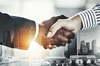 Buy stock photo Hand shake, diversity and businesspeople with city, sale and agreement to contract with urban skyscraper. Thank you, greeting and double exposure in New York, recruitment and hiring for job or deal