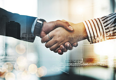 Buy stock photo Hand shake, diversity and businesspeople with city, sale and agreement to contract with urban skyscraper. Thank you, greeting and double exposure in New York, recruitment and hiring for job or deal