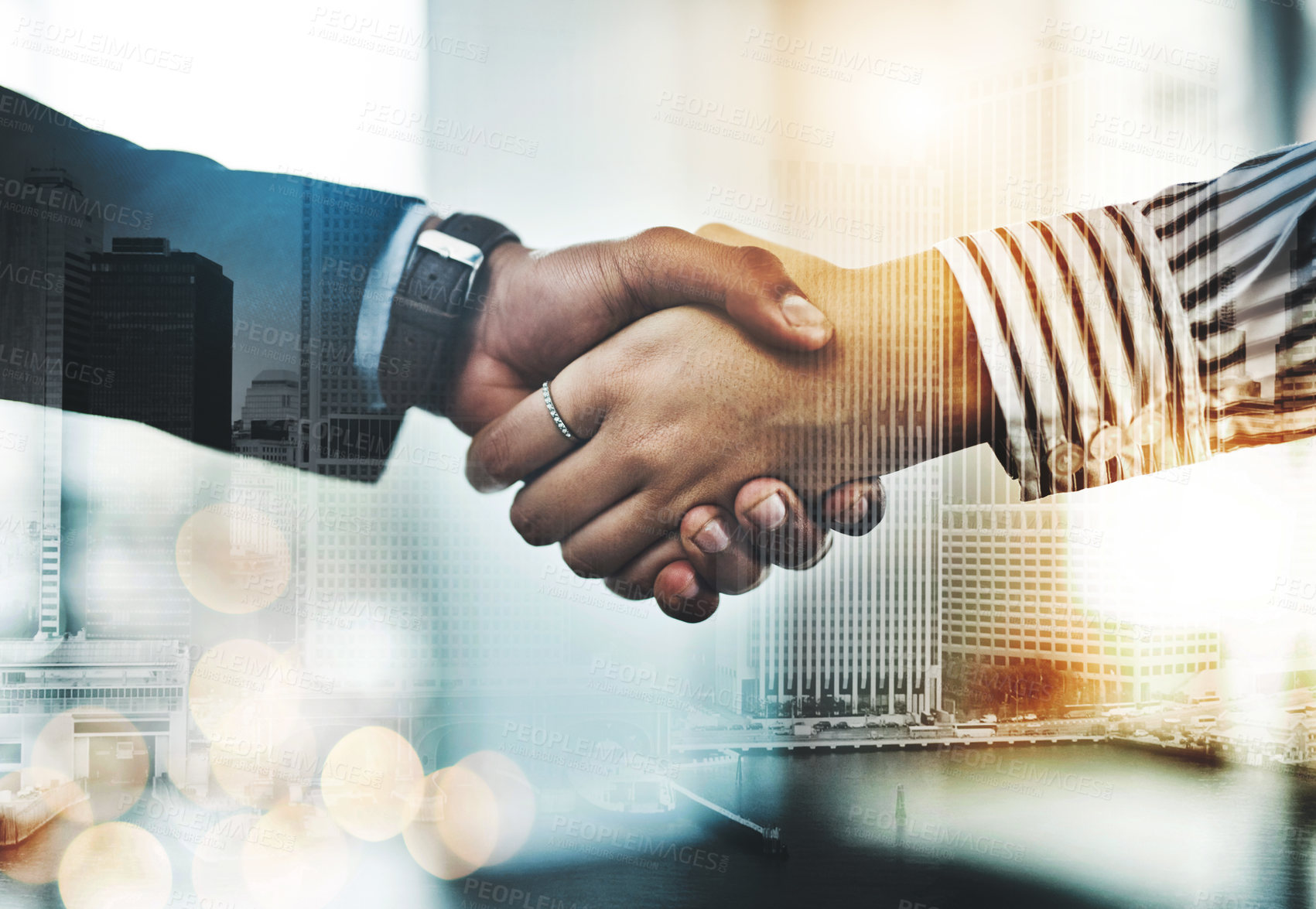 Buy stock photo Hand shake, diversity and businesspeople with city, sale and agreement to contract with urban skyscraper. Thank you, greeting and double exposure in New York, recruitment and hiring for job or deal