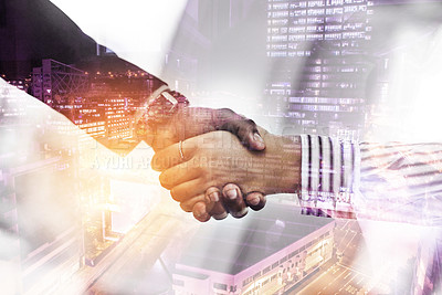 Buy stock photo Double exposure, office and employees with handshake in meeting for teamwork, collaboration and greeting. Business, people and commitment for partnership, agreement and deal on company project