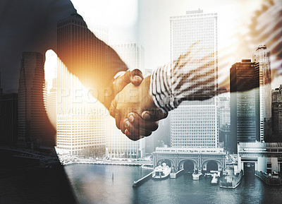 Buy stock photo Urban, hand shake and businesspeople for meeting, diversity and agreement to contract with city skyscraper. Thank you, greeting and double exposure, recruitment and hr for hiring of job or deal