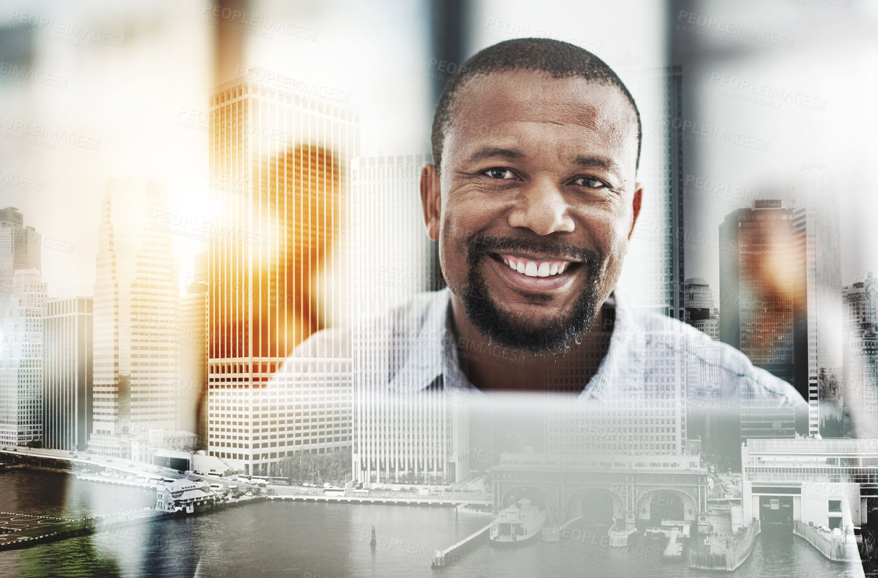 Buy stock photo Portrait, man and laptop in office with overlay, career development and pride for real estate company. Happy, person and computer in workplace with city double exposure, property sale and about us.
