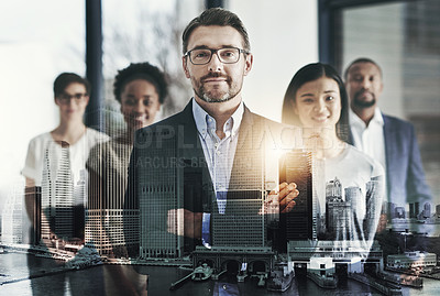 Buy stock photo Double exposure, city and man with arms crossed at office on teamwork, collaboration and about us. People, employee and boss or team manager with smile on portrait as property developer and confident